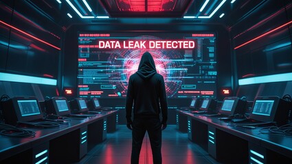 Male figure in hoodie stands in a futuristic data center, alarmed by a 'Data Leak Detected' warning on a vibrant screen.