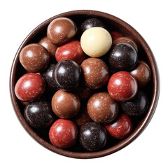 Top View Brown Bowl Of Mixed Chocolate Candy Balls Isolated On Transparent Background. Chocolate Candy Bowl