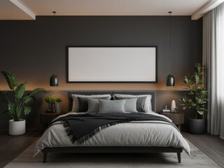 Gray and Black Minimalist Bedroom Interior Design Featuring a Large Gray Bed Black Hanging Lamps and a Blank Canvas Above the Bedhead for mockup