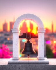 Obraz premium Sunset Cityscape with Bell in Stone Arch