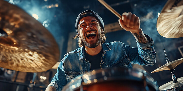 A passionate drummer giving an energetic performance at a rock concert.