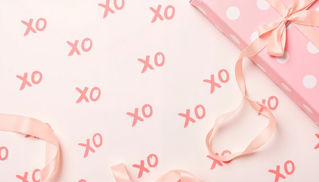 Gift box with pink ribbon on pink XO patterned background  