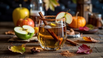 A glass of apple cider and a drop of ginger ale, with foaming bubbles. There is a cinnamon stick inside the glass, and the rim is sprinkled with cinnamon sugar. As a decoration, a slice of apple.