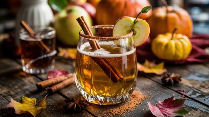 A glass of apple cider and a drop of ginger ale, with foaming bubbles. There is a cinnamon stick inside the glass, and the rim is sprinkled with cinnamon sugar. As a decoration, a slice of apple.