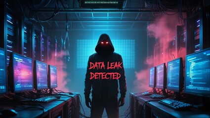 A mysterious figure in a dark hoodie stands in a server room, with glowing eyes and ominous smoke, symbolizing a data leak alert.