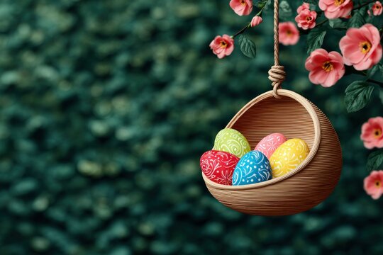 Vibrant Easter Eggs in Hanging Wooden Basket with Pink Flowers