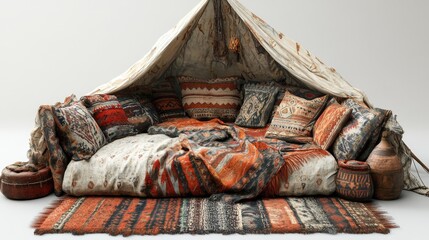 3d render Bohemian Chic: Cozy Tent Retreat with Ethnic Textiles & Pillows isolated background