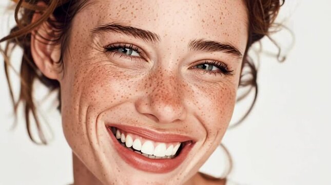Close-up portrait of a freckled woman with a radiant smile