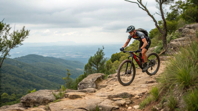 A dynamic image of a cyclist riding along a rugged mountain trail surrounded by scenic nature. Ideal for themes like outdoor adventure, mountain biking, fitness, sports, and travel.