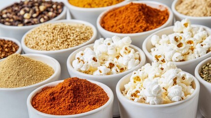Colorful Variety of Spices and Popcorn in White Bowls on Table