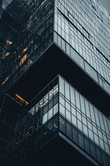 Modern glass skyscraper exterior detail dark geometric