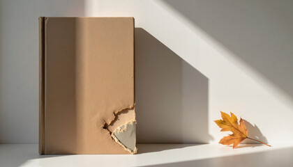 Torn cover of horror book placed on white surface with autumn leaf