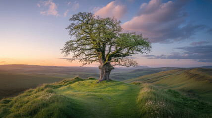 Fototapeta premium Golden Sunset Over Rolling Green Hills and Solitary Tree