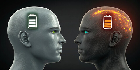 Human Heads with Battery Icons Showing Energy Levels and Vitality
