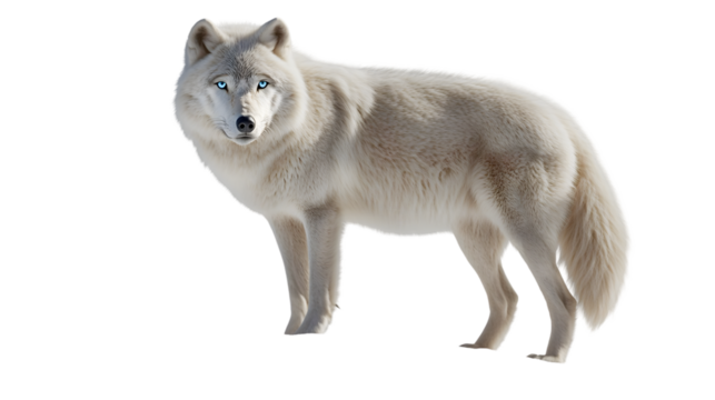 A white wolf standing with blue eyes looking at the camera isolated on transparent background png - Powered by Adobe