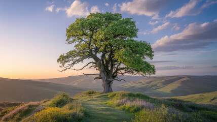 Obraz premium Golden Sunset Over Rolling Green Hills and Solitary Tree