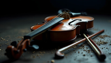 Fototapeta premium A detailed shot of a classical violin and bow on a dark surface, ready for musical performance.