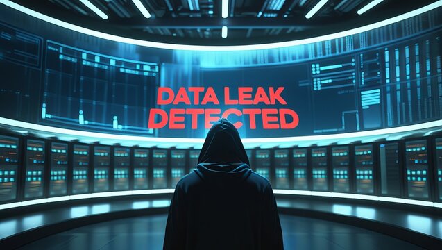 Mysterious figure in hooded attire stands before a digital interface displaying a 'Data Leak Detected' alert.