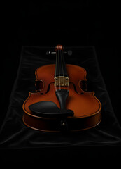 Naklejka premium A detailed shot of a violin, artfully arranged on black velvet for a classic appeal.