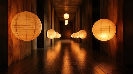 Long corridor decorated with illuminated paper lanterns