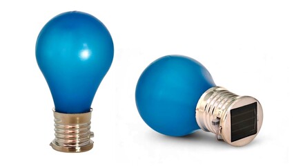 Photo of two blue solar-powered LED light bulbs, perfect for eco-friendly lighting solutions and stylish outdoor decoration, isolated on a white background.
