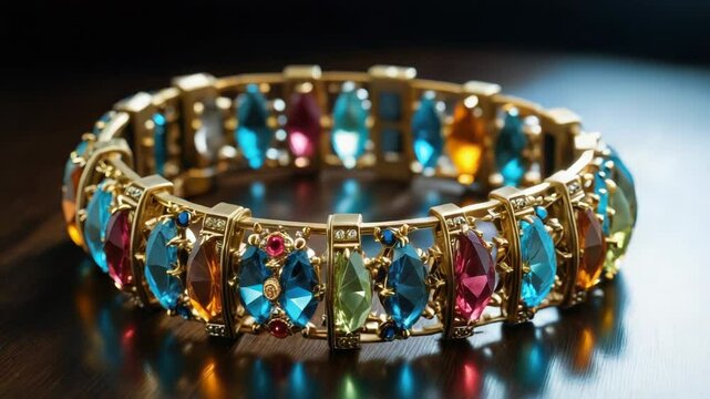 A close-up of a colorful stone bracelet resting on a flat surface, perfect for jewelry displays or decorative purposes
