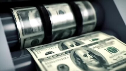 Close-up visuals showcase the intricate process of money printing, highlighting hundred dollar bills being produced