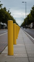 Row of Bright Yellow Bollards on a City Sidewalk