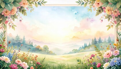 Serene Watercolor Landscape Featuring Blooming Flowers and Mountain View at Sunset