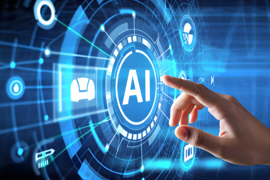 Hand interacting with AI interface, futuristic technology concept, digital innovation, blue glowing screen, data processing, network connection, modern technology, abstract