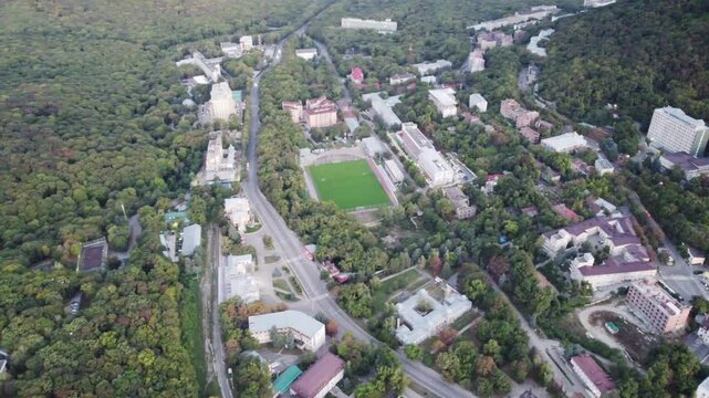 Russia, Stavropol Territory, the city of Zheleznovodsk September 29 2022, A view of the city of Zheleznovodsk from a height, with Mount Zheleznaya in the background, shot from a quadcopter