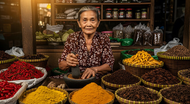 Portrait of an elderly Indonesian woman in traditional batik clothing, grinding spices with a stone mortar at a vibrant market stall. A concept of culture, heritage, and the spice trade