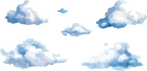 Collection of Blue and White Cartoon Clouds on a White Background Perfect for Sky Weather or Children s Book Illustrations with a Clean and Simple