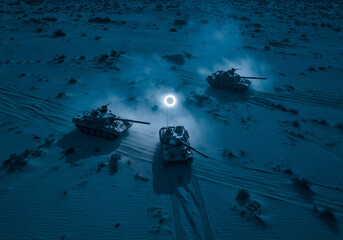 Aerial view of tanks advancing through a desert battlefield during a solar eclipse, strange shadows, tanks appearing otherworldly, dramatic and surreal lighting.