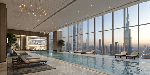 A Luxury Poolside Interior Featuring Modern Loungers and Relaxation Areas