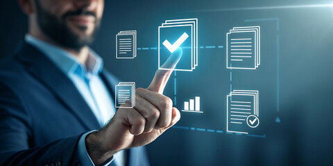 A Man Finger Touching a Document Management System Hologram Representing Digital Solutions
