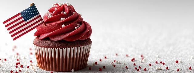 Cupcake. American flag. US holidays. Cake for 4th of July, Independence Day, Presidents Day. Cupcakes with buttercream frosting and colored sprinkles in the form of stars. US patriotism