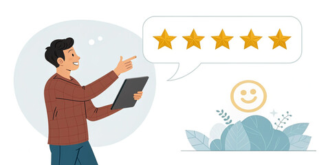 A Man Holding a Tablet and Gesturing at a Golden Star Representing Achievement and Success