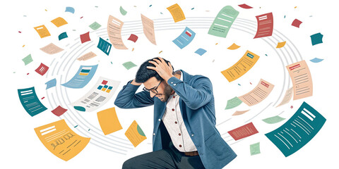 A Man Holding His Head with Flying Colorful Resumes Around Him Representing Job Opportunities