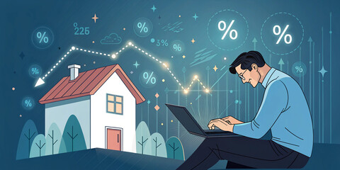 A Man Interacting with a Virtual House and Percentage Symbols Representing Real Estate Opportunities