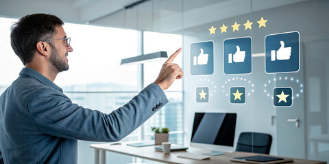 A Man Interacting with Floating Thumbs Up and Rating Symbols Representing Feedback and Engagement