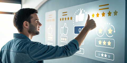 A Man Interacting with Virtual Thumbs and Rating Icons Representing Feedback and Engagement