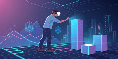 A Man in a VR Headset Surrounded by Blocks in Cyberspace Representing Virtual Reality Exploration