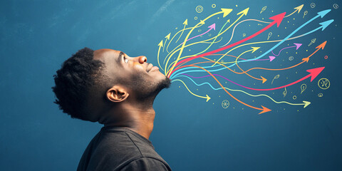 A Man Looking Up with Vibrant Abstract Arrows Coming from Above Representing Inspiration and Direction