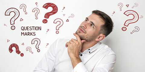 A Man in a White Shirt Thinking with His Hand on His Chin Surrounded by Ideas and Concepts