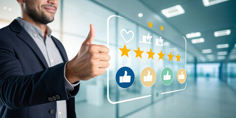 A Man Interacting with Floating Thumbs Up and Rating Symbols Representing Feedback and Engagement