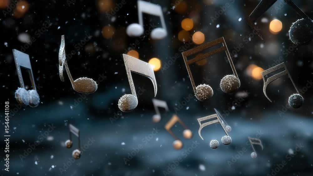 Wall mural floating musical notes with frost surrounded by soft light and snowflakes on a dark background with 