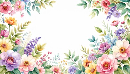 Watercolor Floral Border Delicate Spring Flowers and Greenery Frame