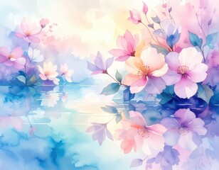 Pastel Watercolor Painting of Delicate Flowers Reflecting on Calm Water