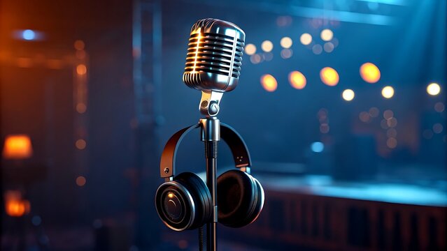 Vintage microphone and headphones studio recording concept